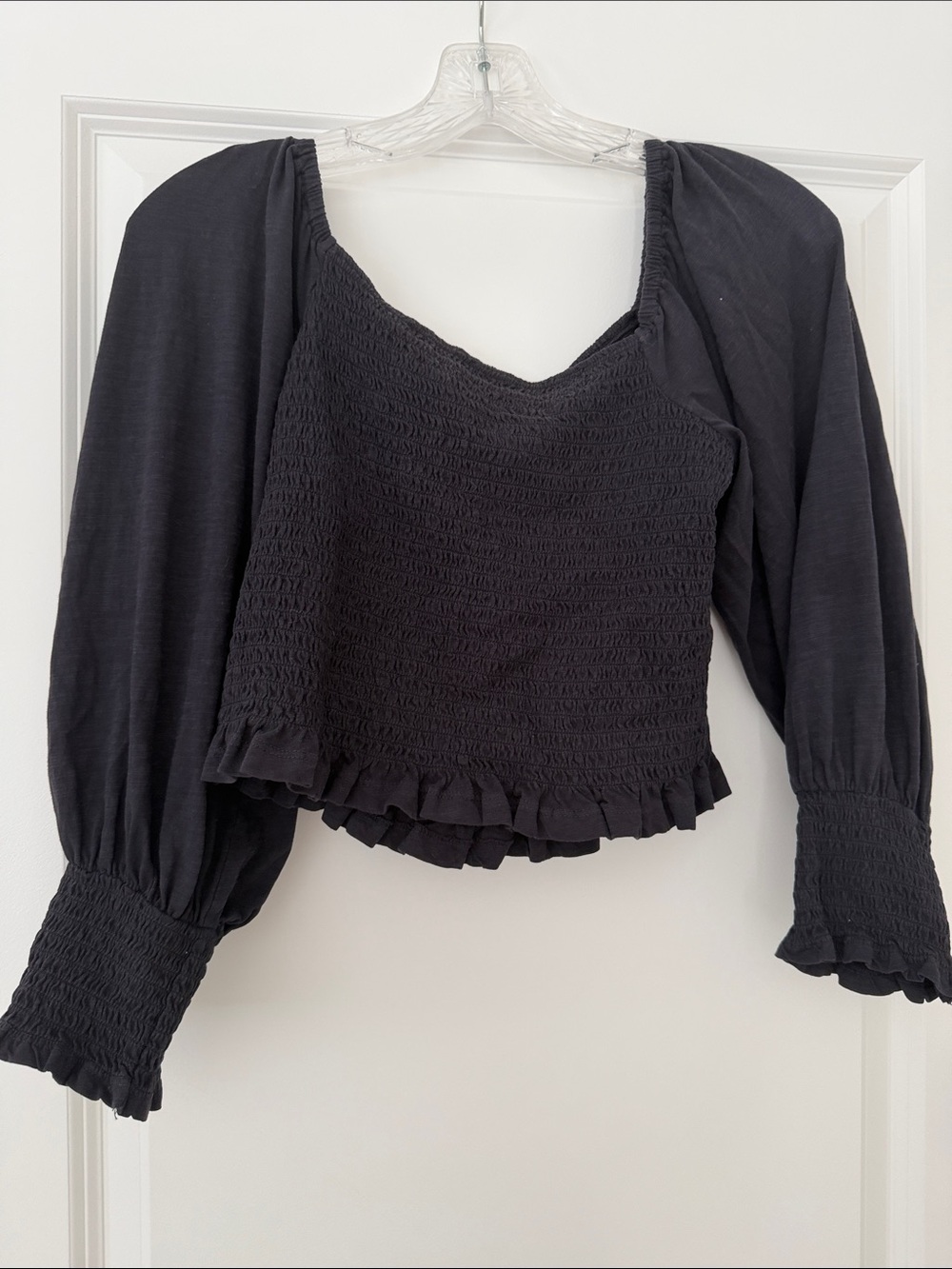 Pilcro Black Smocked Puff Sleeve Crop Top with Ruffle Hem
